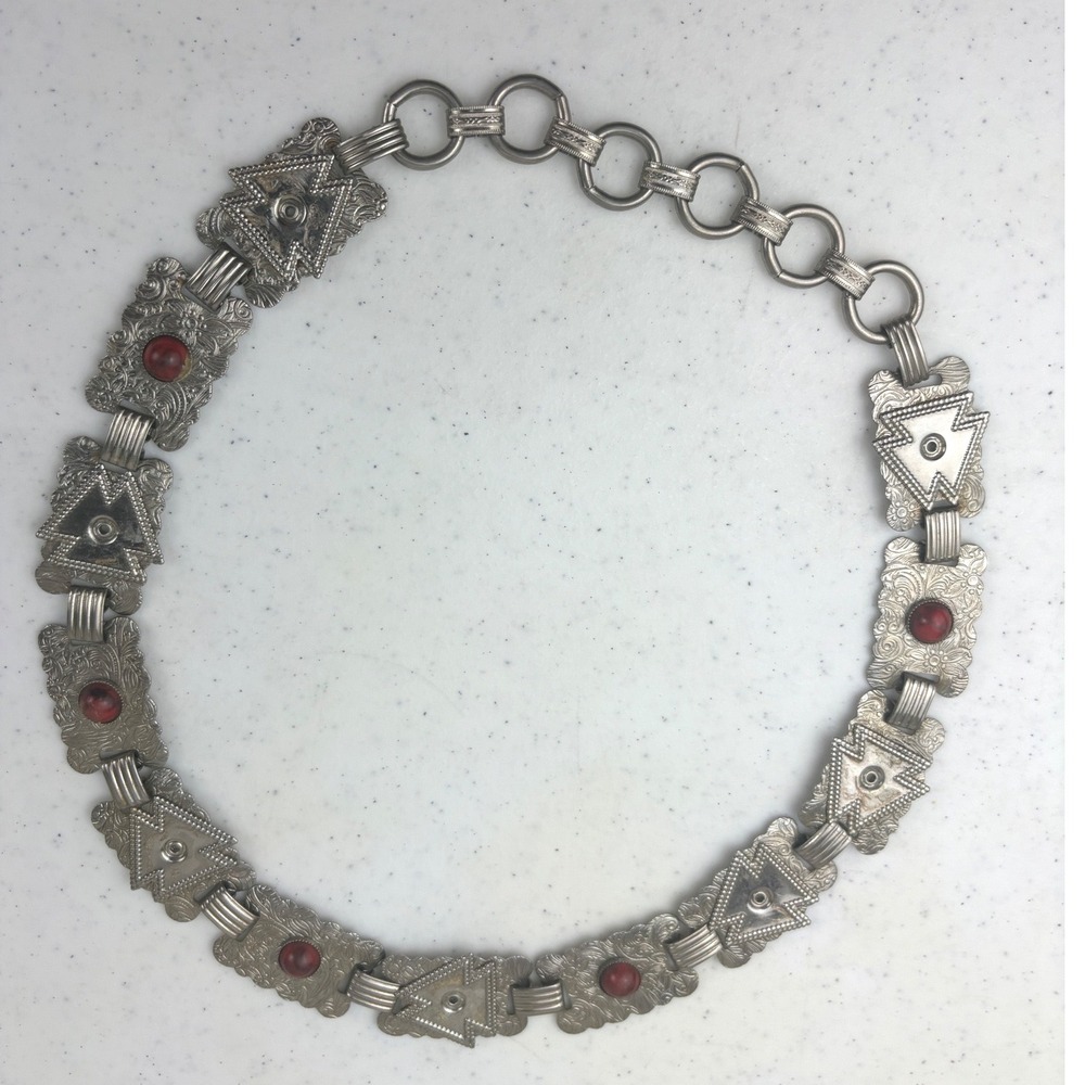 VTG Southwestern Silver Tone Concho Link Thunderbird Belt Necklace Western 23"